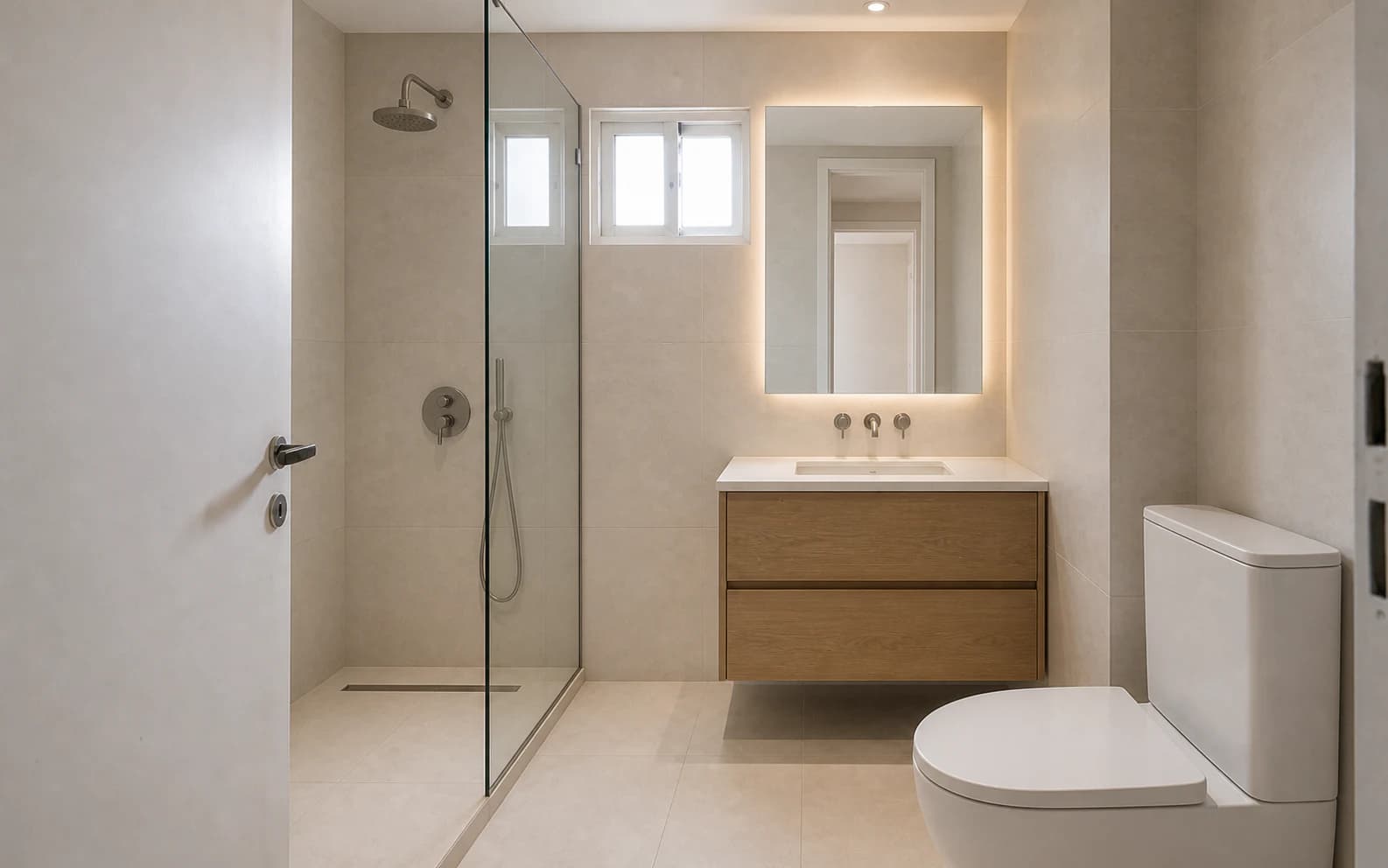 Mismo baño después de la remodelación, con ducha de vidrio, porcelanato claro y vanitory flotante de roble