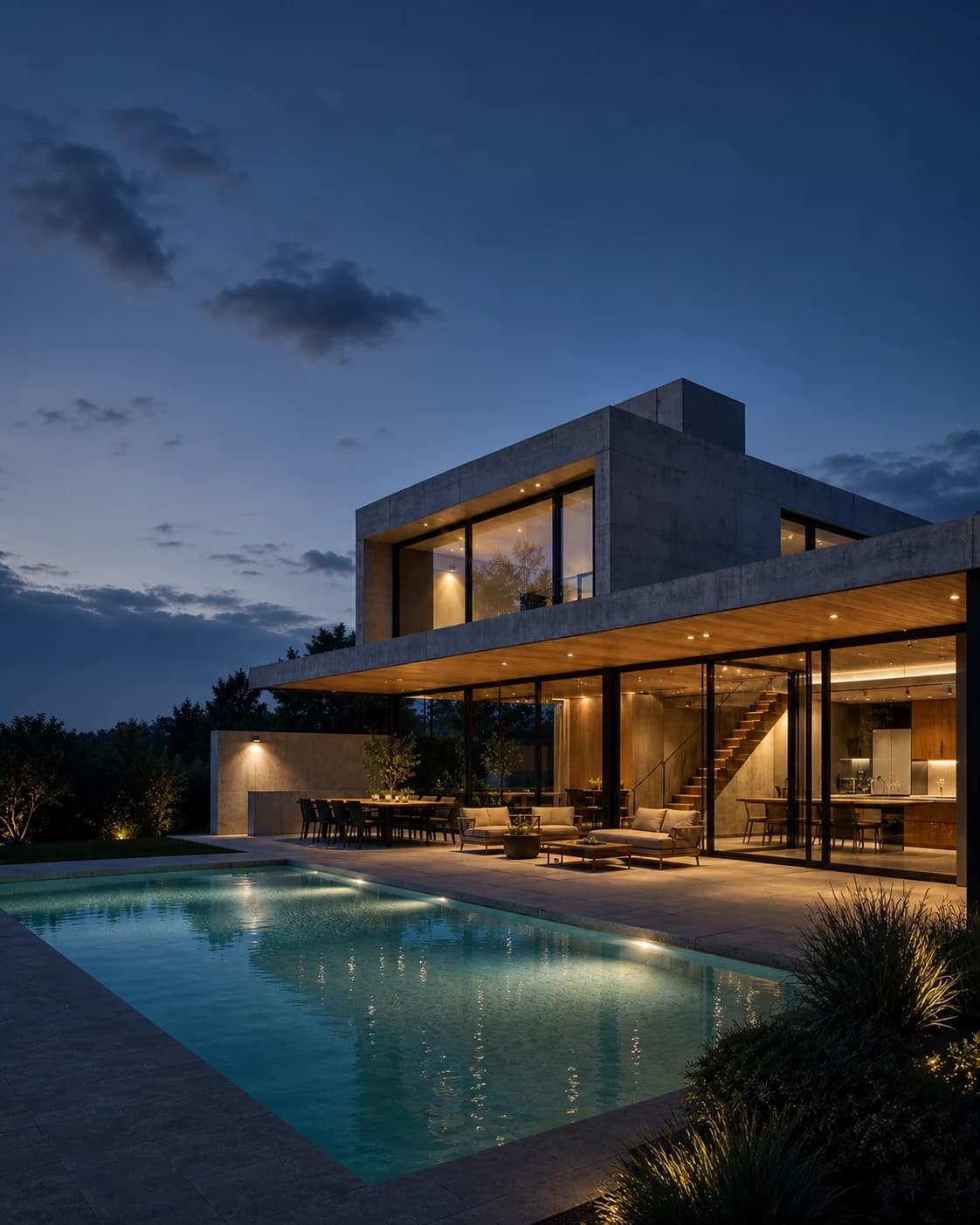 Vivienda contemporánea de hormigón, madera y grandes ventanales presentada como una lámina arquitectónica