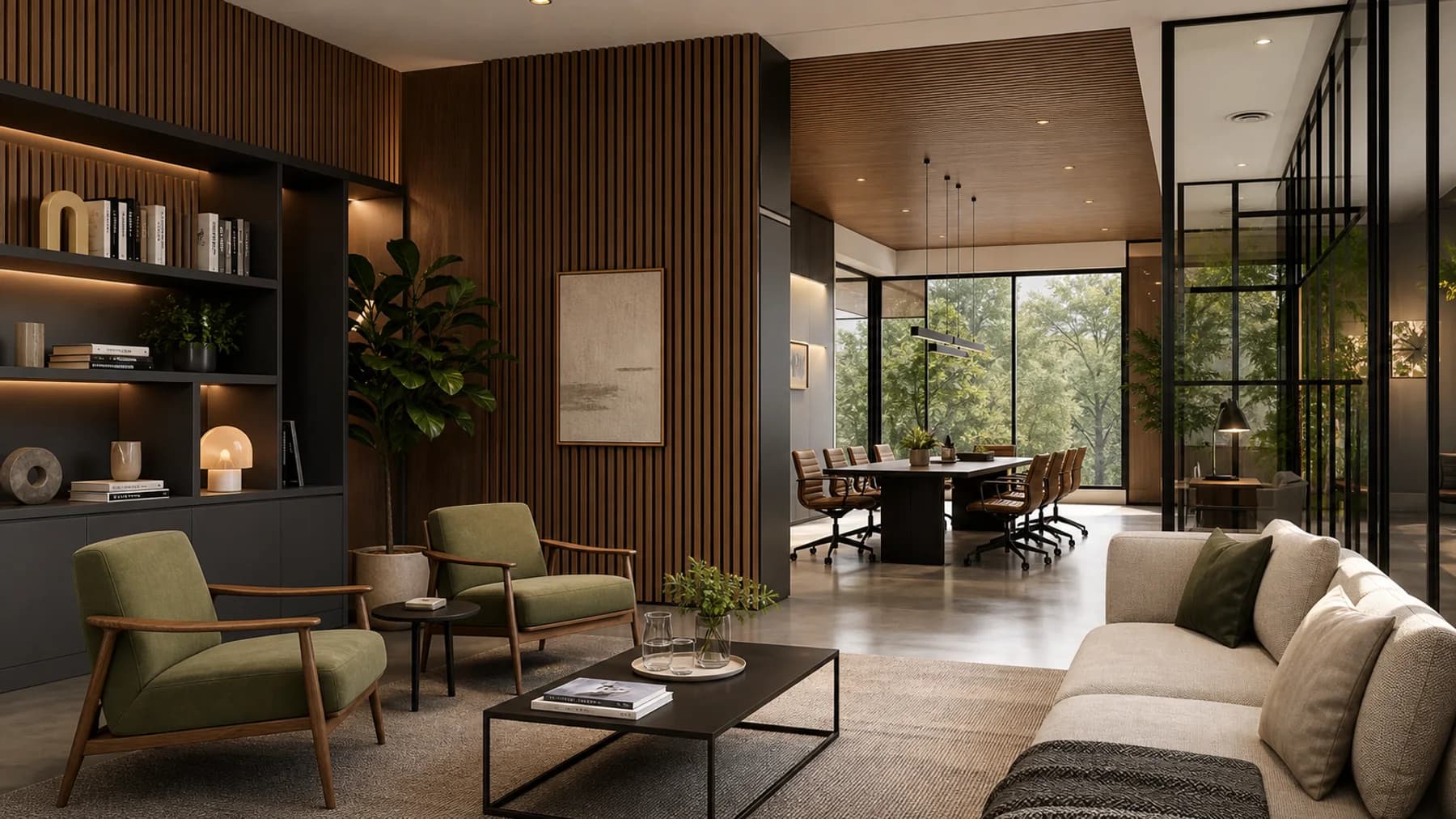 Oficina boutique con madera e iluminación cálida